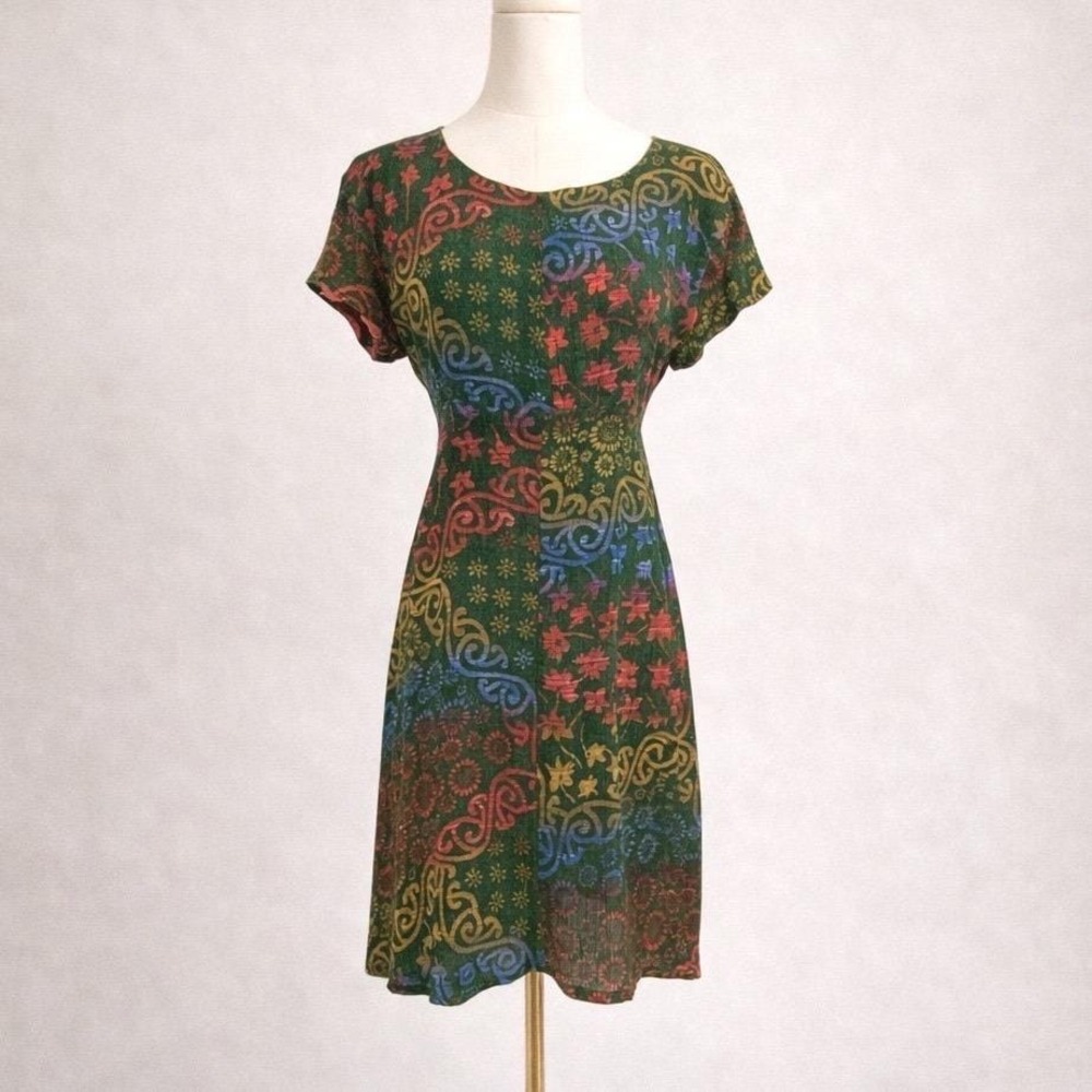 Vintage African Moon Women Small Boho Patchwork Print Dress Festival